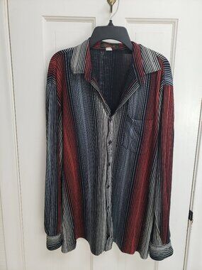 Vintage Hilton Striped Button Down Shirt Mens XL Black Red Cotton Retro 70s Vibe